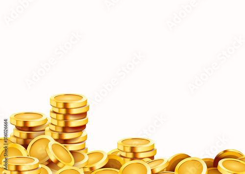 Golden shiny coins. Big bunch of old metal money. Precious expensive treasure.