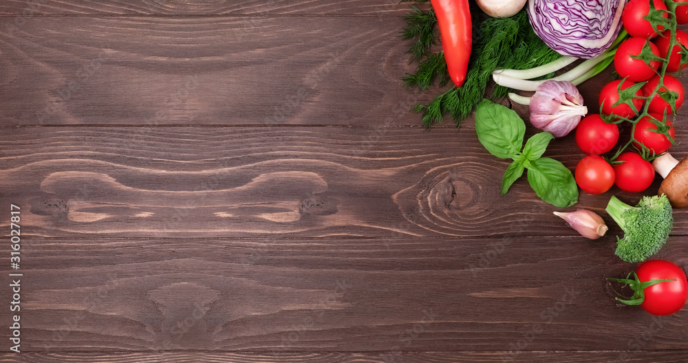 Various healthy products on wooden background with space for text. Banner of Healthy food. Organic food for healthy nutrition. Long banner format. Various healthy products on wooden background with space for text. Banner of Healthy food. Organic food for healthy nutrition. Long banner format.