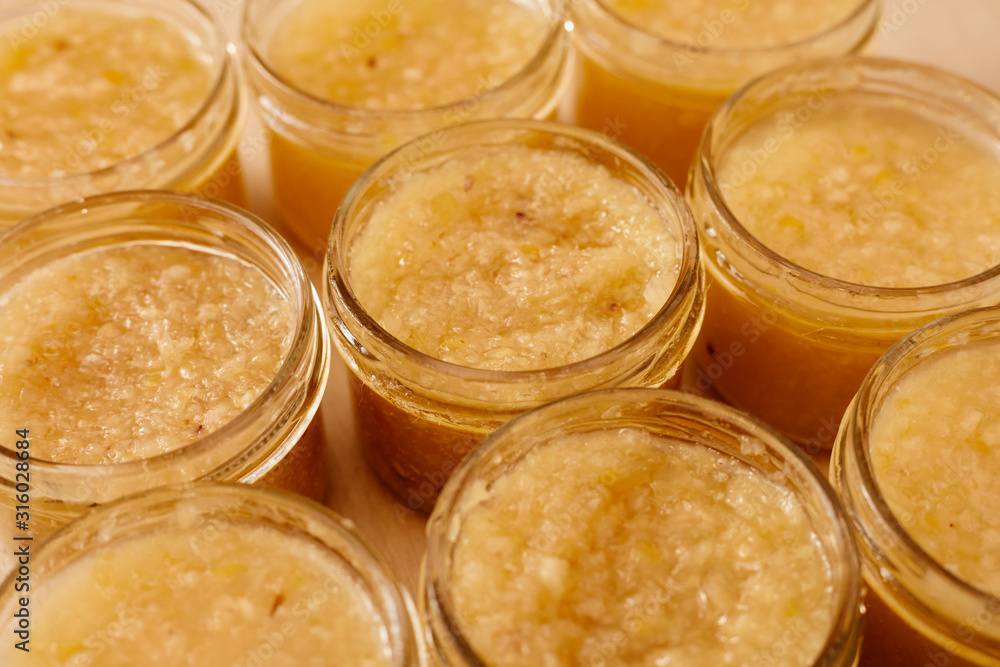 Dessert and jam with lemon in a jar. Jam for tea. Dessert and jam with lemon in a jar. Jam for tea.
