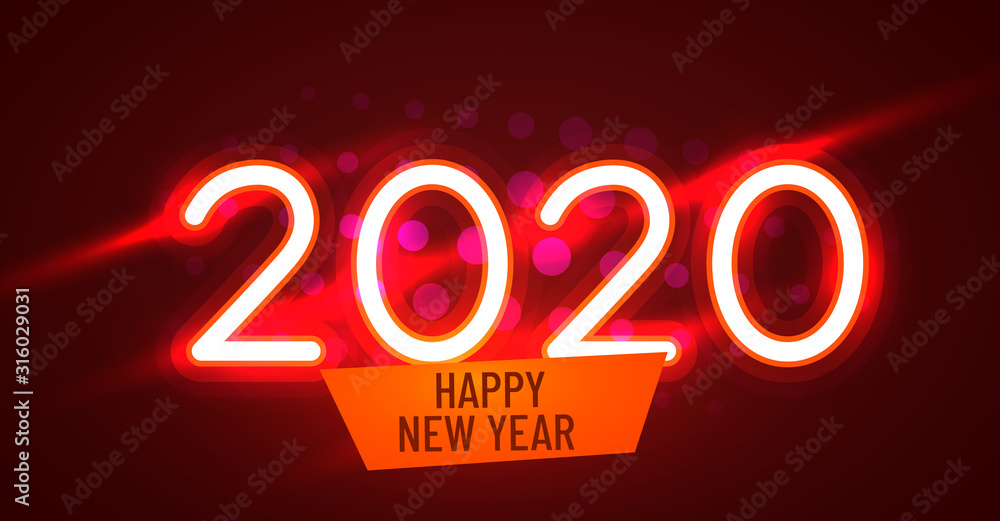 2020 Happy New Year Neon Text. 2020 New Year Design template for Seasonal Flyers and Greetings Card and Christmas themed invitations. Light Banner.