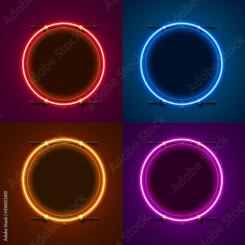 Neon frame sign in the shape of a circle. Set color. template design element.