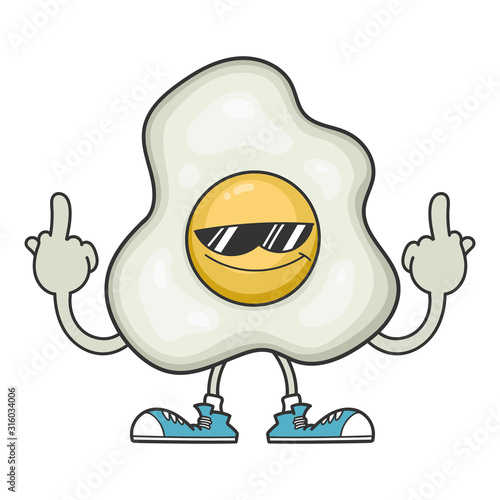 fried egg with sunglasses giving the middle fingers
