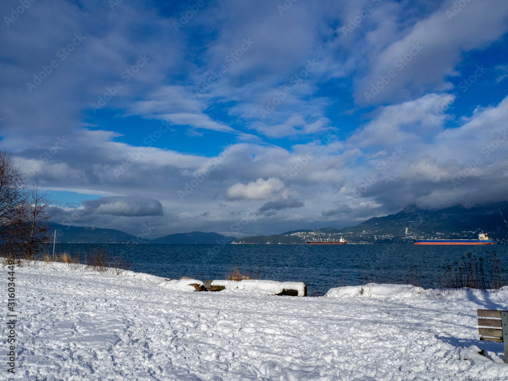 A view of Jericho beach, with West Vancouver in the background, after a snow fall.   Vancouver BC Canada
