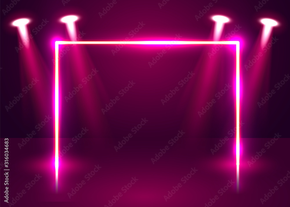 Neon show light podium futuristic background. Vector