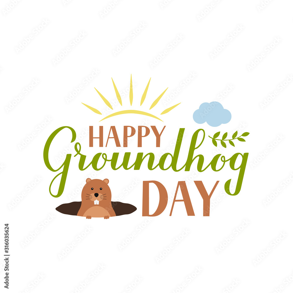Ταπετσαρία Happy Groundhog Day calligraphy hand lettering with cute cartoon groundhog isolated on white