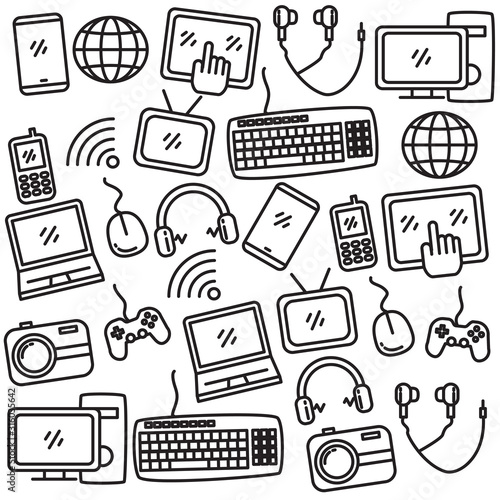 Set of gadget and internet doodle vector illustration such as smartphone, laptop, computer, website and more 