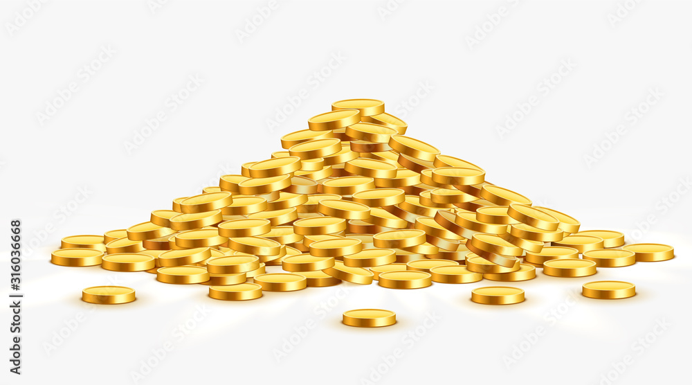 Gold shiny coins with star signs in heap. Big bunch of old metal money. Precious expensive treasure.