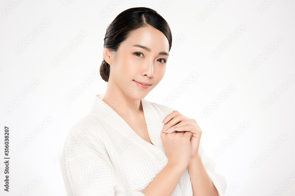 Portrait beautiful young asian woman clean fresh bare skin concept. Asian girl beauty face skincare and health wellness, Facial treatment, Perfect skin, Natural make up, on white background Portrait beautiful young asian woman clean fresh bare skin concept. Asian girl beauty face skincare and health wellness, Facial treatment, Perfect skin, Natural make up, on white background