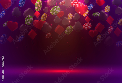 Poker chips and cards casino banner. Isolated on gold background.