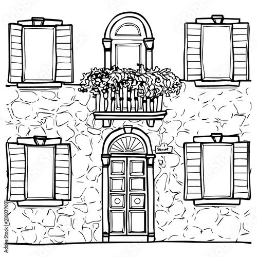 Hand drawn line art house fasade street with door balcony and windows
