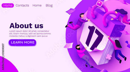 Modern banner template with tiny people and giant calendar. Planning schedule concept banner with characters. Time management, planning events and organization. Website template.