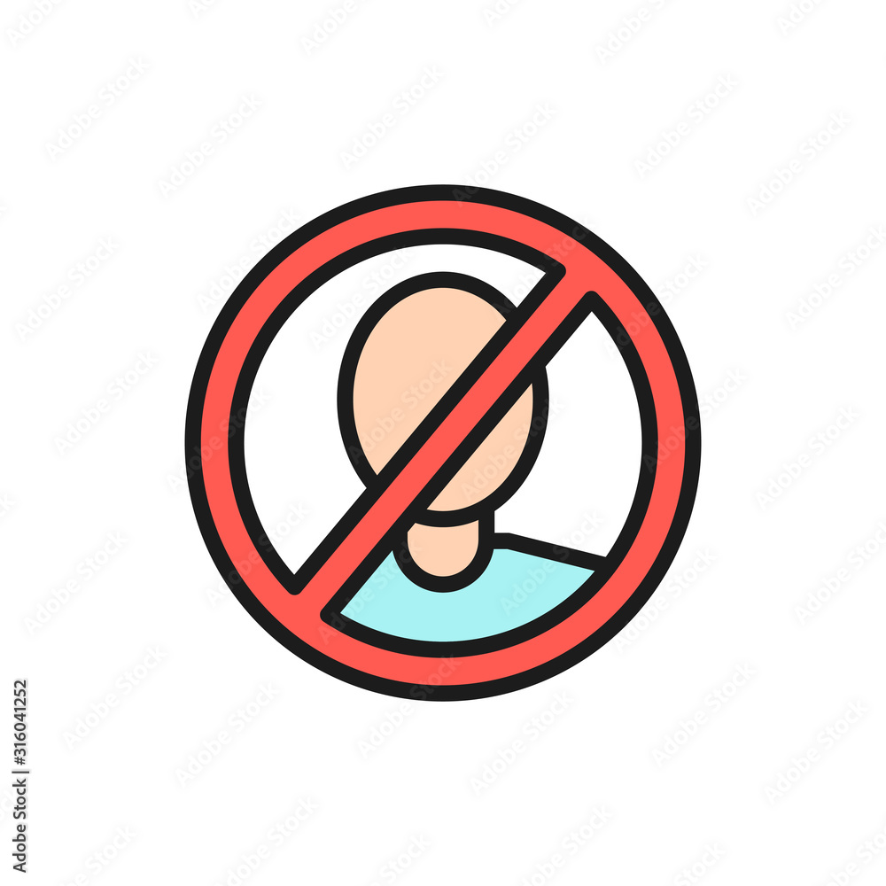 Forbidden sign with man face, no verification, no scanning flat color line icon. Forbidden sign with man face, no verification, no scanning flat color line icon.