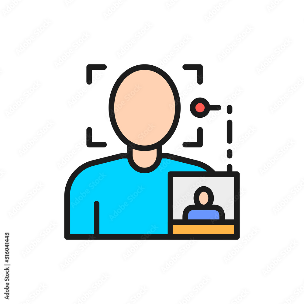 Face search by photo, biometric identification flat color line icon. Face search by photo, biometric identification flat color line icon.