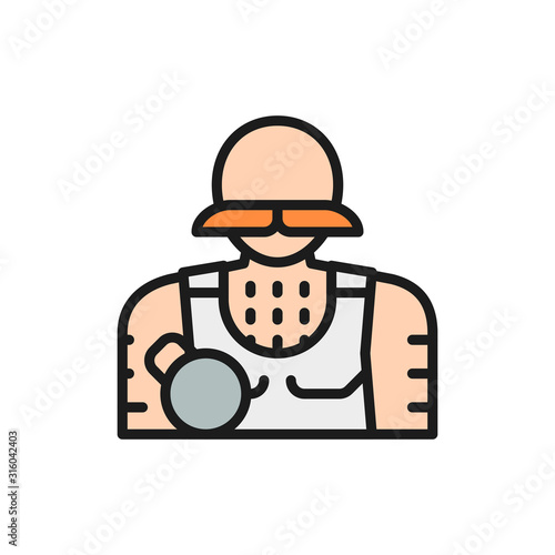Circus athlete, strongman flat color line icon.