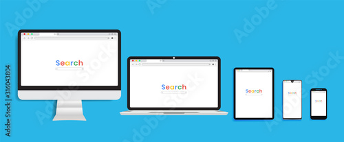 Set of Computer monitor, Laptop, Tablet, Smartphone with Browser window and Search bar. Browser in flat style for web. Vector illustration element.