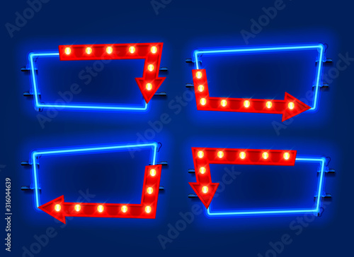 Neon frame arrow set collection. template design element.