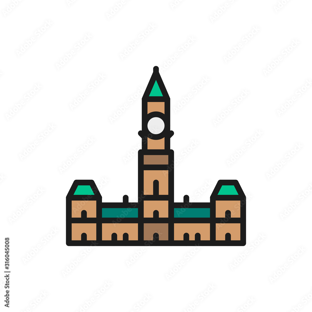Parliament Hill, Ottawa flat color line icon.