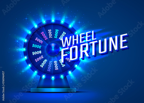 Casino neon colorful fortune wheel. blue background.