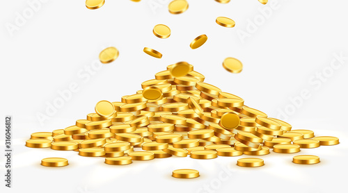Gold shiny coins with star signs in heap. Big bunch of old metal money. Precious expensive treasure.