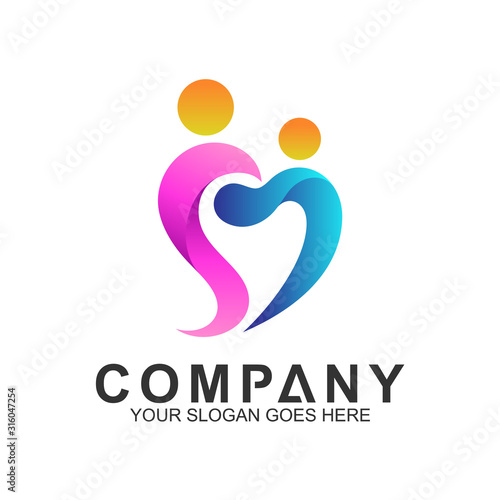 family logo in heart shape style, healthy people, adoption symbol, foundation and community care icon, parents and children vector, helping logo