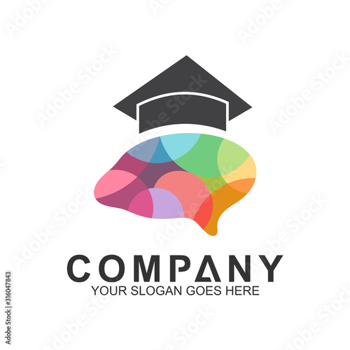 education logo, colorful brain with graduation cap shape, science and knowledge, smart icon, creativity vector logo
