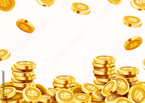 Falling coins, falling money, flying gold coins, golden rain. Jackpot or success concept. Modern background.