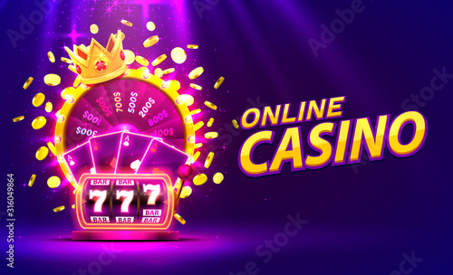Casino golden colorful fortune wheel, Neon slot machine wins the jackpot.