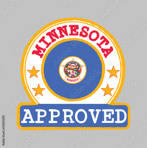 Vector Stamp of Approved logo with Minnesota flag in the round shape on the center.