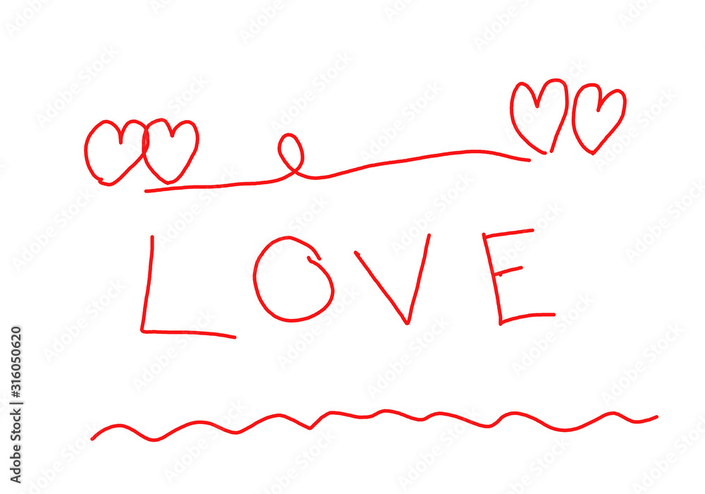 red line drawing heart wave and love texts isolate on white background