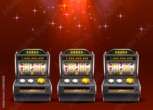 3d slots machine wins the jackpot, Isolated on glowing lamp background.