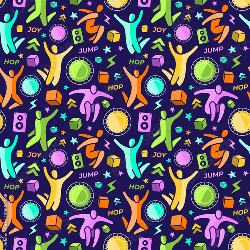 Repeating seamless pattern, swatch. Set of icons: jumping people, top view trampoline, sound speaker, foam rubber cubes, lightning, chevron. Trampoline, amusement park concept. Flat vector EPS 10