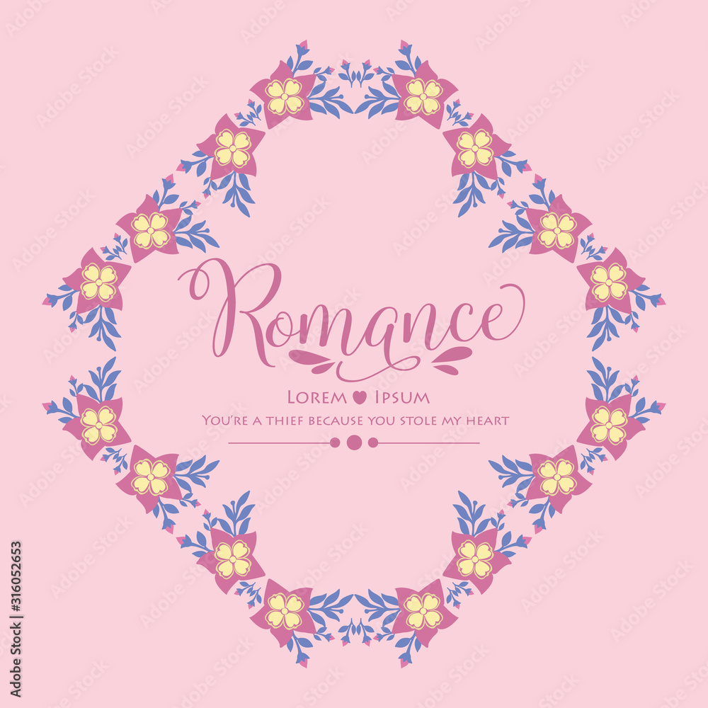 Wallpaper design for romance greeting card, with unique leaf and pink floral frame design. Vector