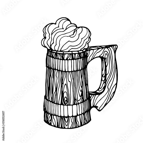 old wooden festive mug of ale or beer with foam, symbol of St. Patrick's Day, vector illustration with black contour lines isolated on white background in Doodle and hand drawn style