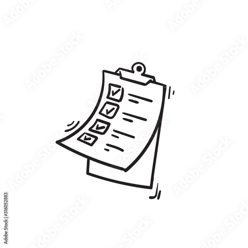 Clipboard icon design template with check mark sign illustration hand drawn doodle style