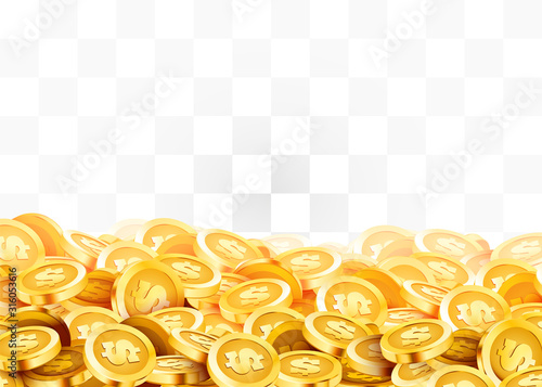 Golden shiny coins. Big bunch of old metal money. Precious expensive treasure.
