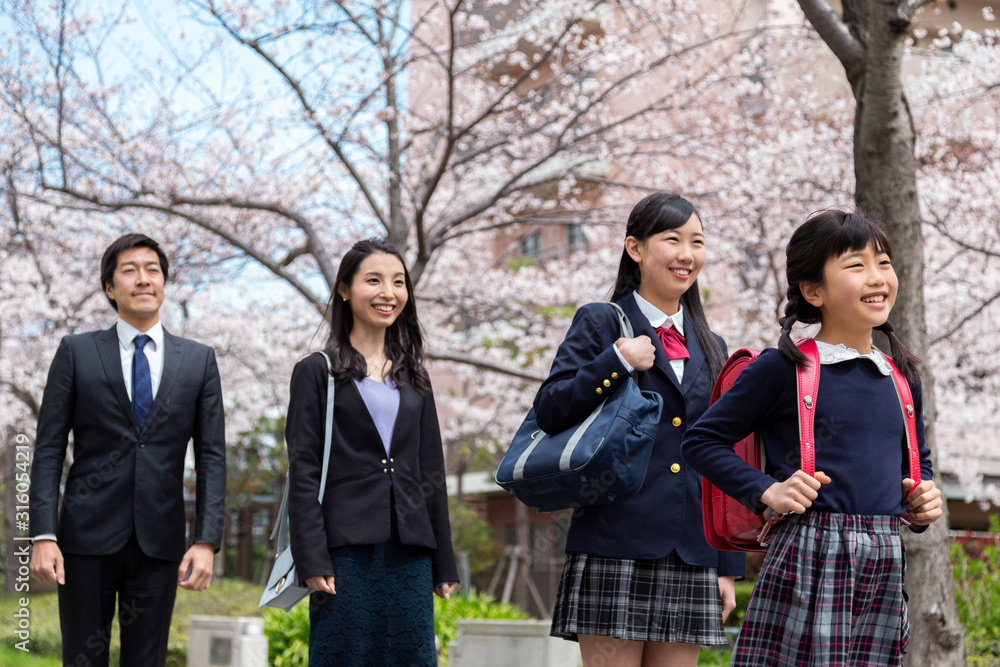 桜並木の下に立つ家族 桜並木の下に立つ家族
