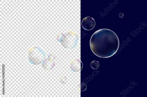 Realistic soap bubbles with rainbow reflection set isolated vector illustration photo