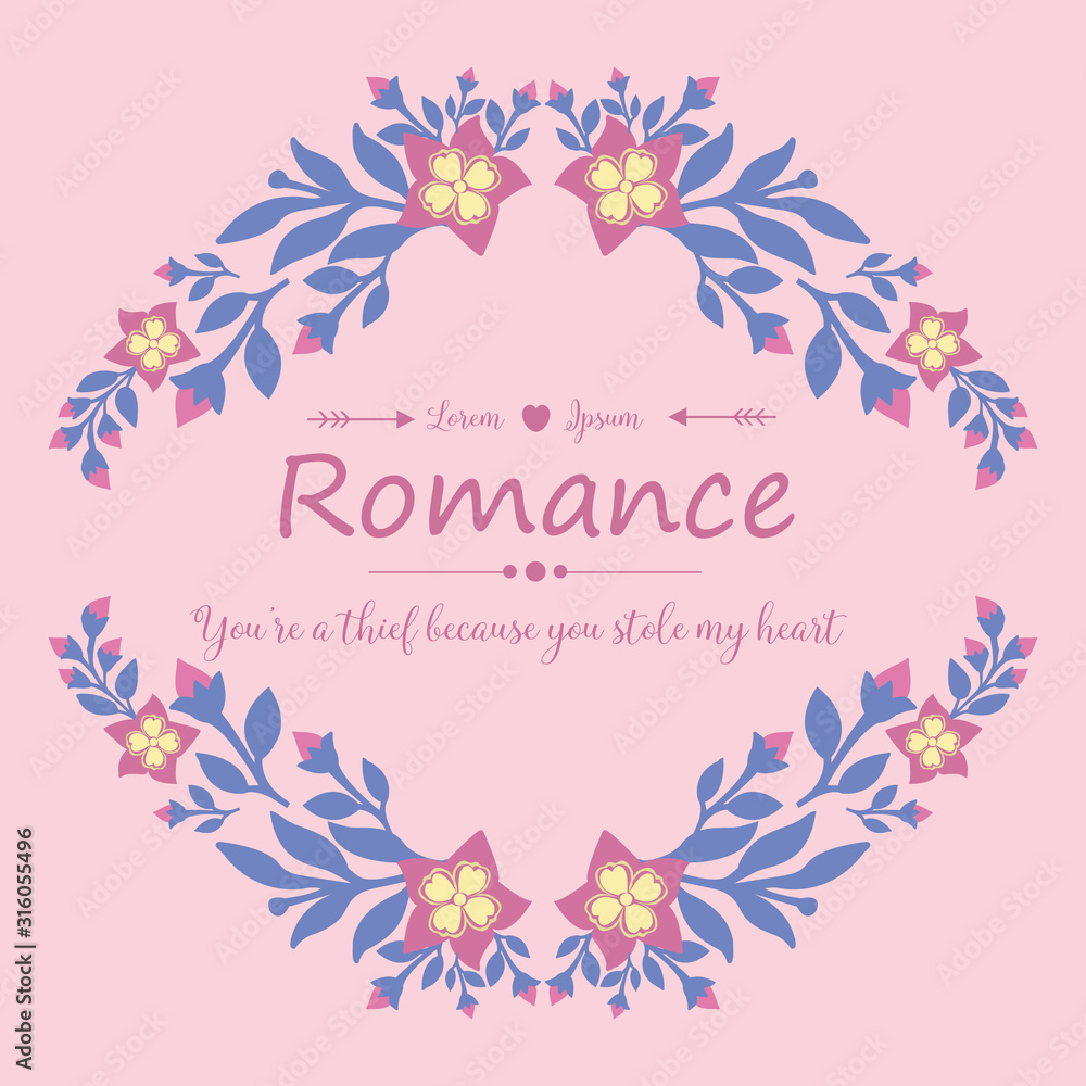Romance Card template, with elegant pink background, with leaf and floral frame design. Vector