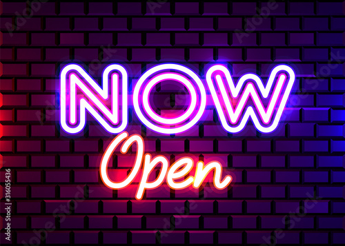 Now Open neon text vector design template. Now Open neon logo  light banner design element  night bright advertising  bright sign.