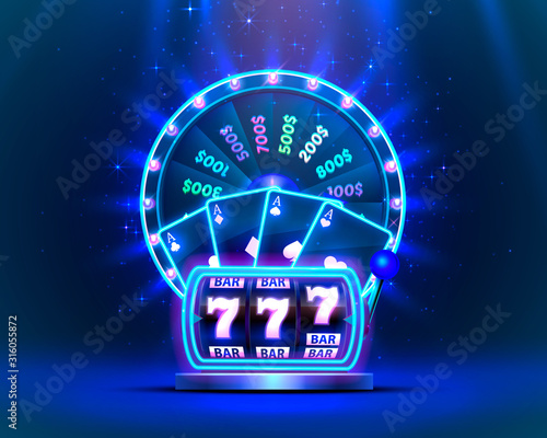 Casino neon colorful fortune wheel, Neon slot machine wins the jackpot.