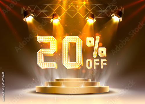 Scene golden 20 sale off text banner. Night Sign.
