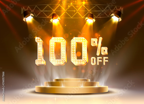 Scene golden 100 sale off text banner. Night Sign.