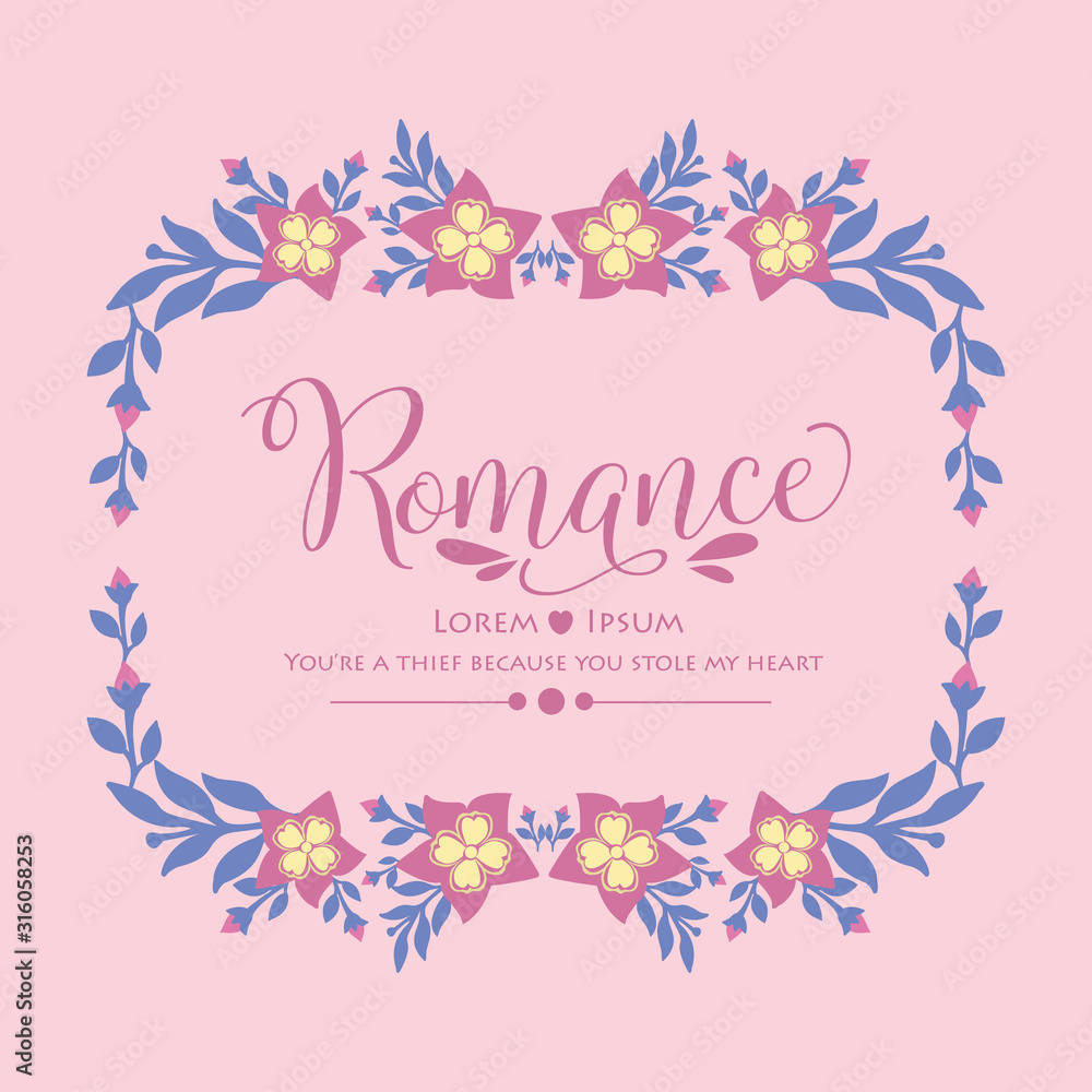 Romance Invitation card, with elegant pattern of leaf and pink wreath. Vector
