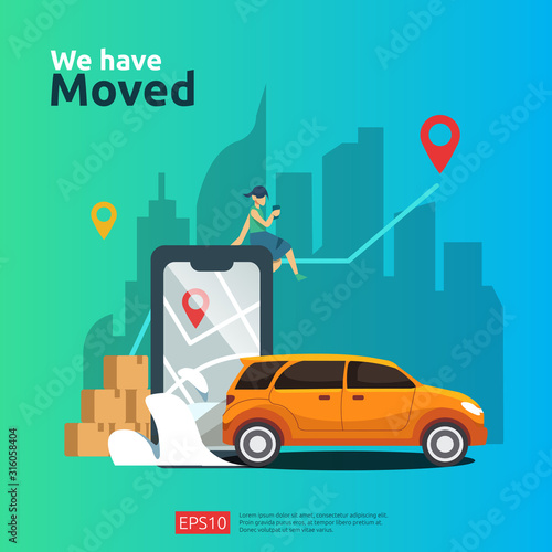 we have moved vector illustration concept. new location announcement business store, home or change office address for landing page template, mobile app, poster, banner, flyer, ui, web, and background
