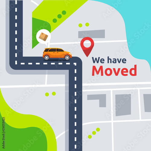 we have moved vector illustration concept. new location announcement business store, home or change office address for landing page template, mobile app, poster, banner, flyer, ui, web, and background