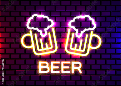 Retro neon Beer Bar sign on brick wall background. Neon design for bar, pub or restaurant business. Craft beer.