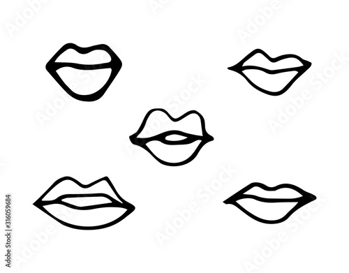Lips closed and parted in a Doodle style on a white background. Vector, monochrome illustration. It can be used in postcards, invitations, and posters.
