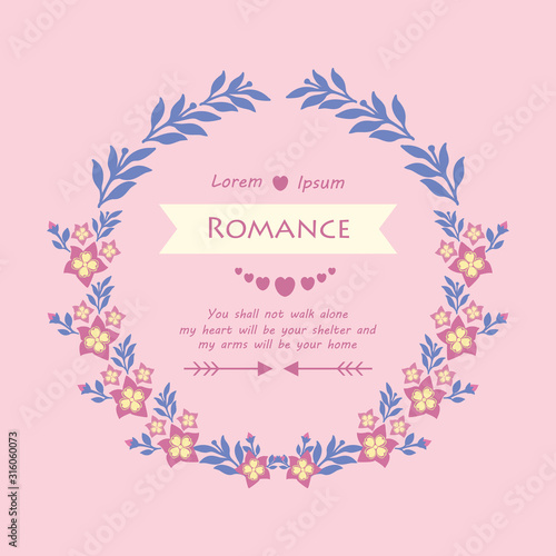 The unique leaf and pink wreath frame, for seamless romance greeting card template concept. Vector