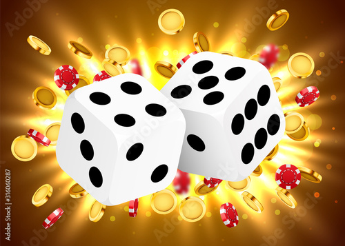 Two dices, surrounded by a luminous frame and coin explosion. Luck banner. Casino concept.