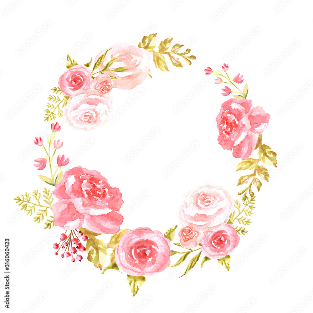 Watercolor elegant circle pink frame with flowers isolated on white background